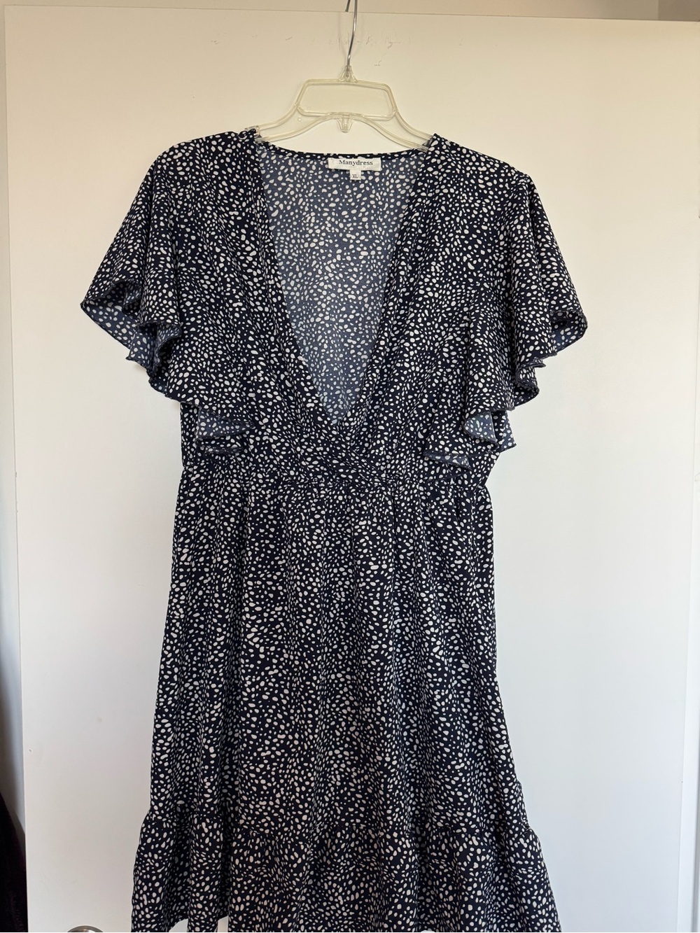 Flutter Sleeve Navy & White Printed V-Neck Dress
